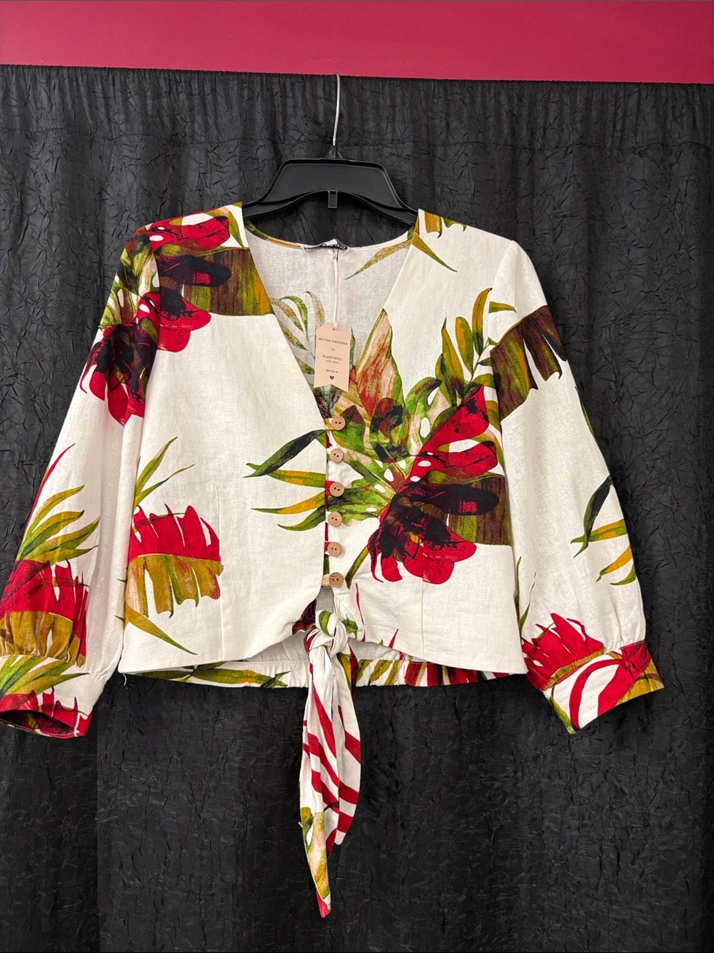 Floral Tie-Front Women’s Top in White and Red- NWT